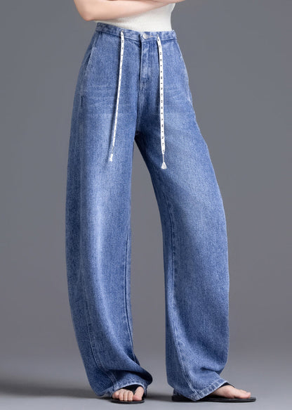 DIY Blue High Waist Drawstring Denim Pants Spring