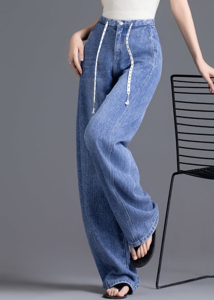 DIY Blue High Waist Drawstring Denim Pants Spring