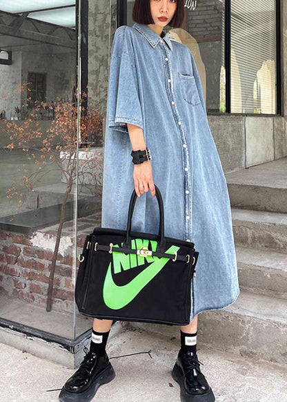 DIY Blue Hollow Out Cotton Pockets Button Summer Maxi Dresses - SooLinen