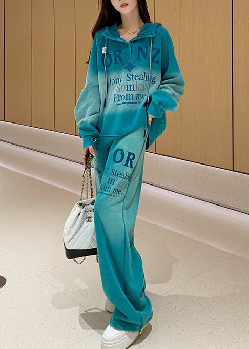 DIY Blue Hooded Tie Dye Cotton Two Piece Set Women Clothing Spring