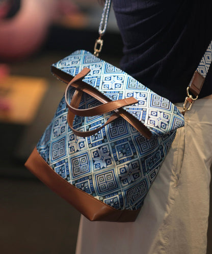 DIY Blue Jacquard Patchwork Large Capacity Faux Leather Tote Handbag