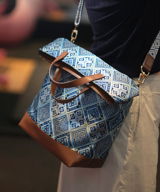 DIY Blue Jacquard Patchwork Large Capacity Faux Leather Tote Handbag