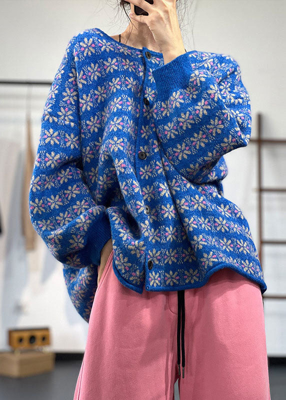 DIY Blaue O-Ausschnitt Oversized Jacquard Lazy Knit Cardigans Winter