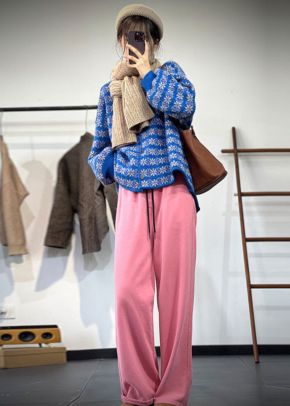 DIY Blaue O-Ausschnitt Oversized Jacquard Lazy Knit Cardigans Winter