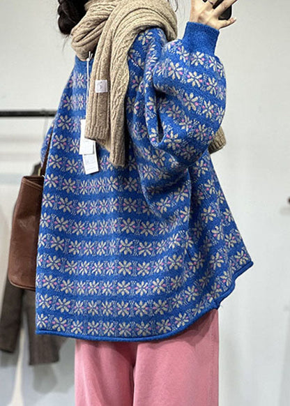 DIY Blaue O-Ausschnitt Oversized Jacquard Lazy Knit Cardigans Winter