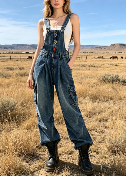 DIY Blue Oversized Pockets Wrinkled Denim Jumpsuits Summer