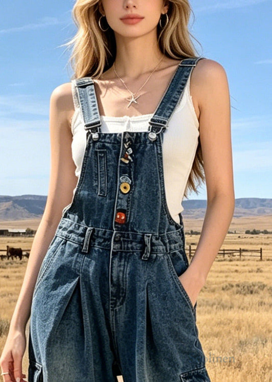 DIY Blue Oversized Pockets Wrinkled Denim Jumpsuits Summer