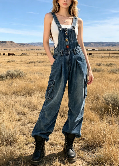 DIY Blue Oversized Pockets Wrinkled Denim Jumpsuits Summer
