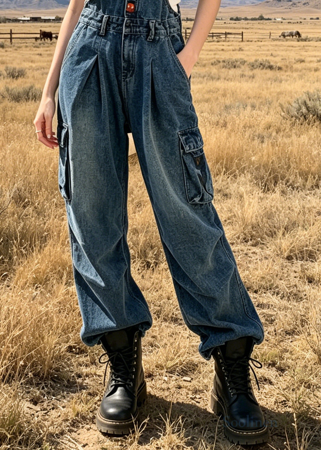 DIY Blue Oversized Pockets Wrinkled Denim Jumpsuits Summer