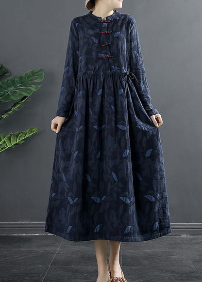 DIY Blue Print Dresses Stand Collar A Line Dress - SooLinen