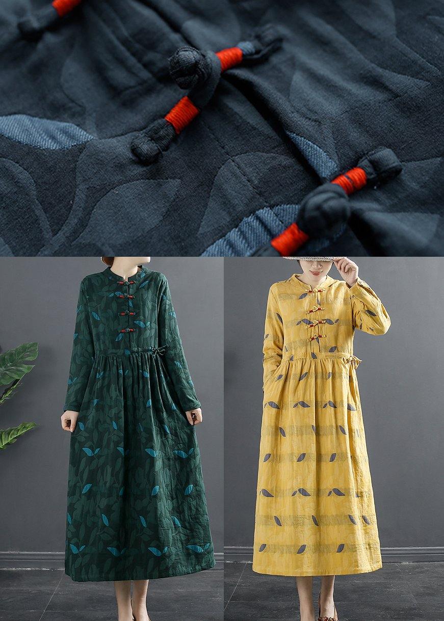 DIY Blue Print Dresses Stand Collar A Line Dress - SooLinen