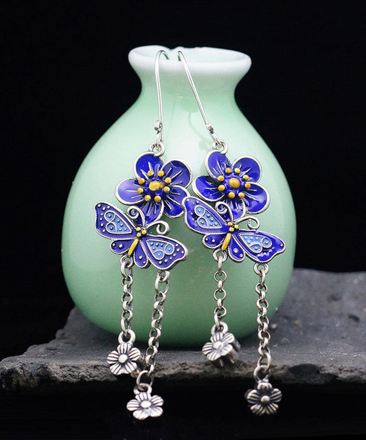Pendientes colgantes con borlas florales y mariposas de plata de ley azul DIY
