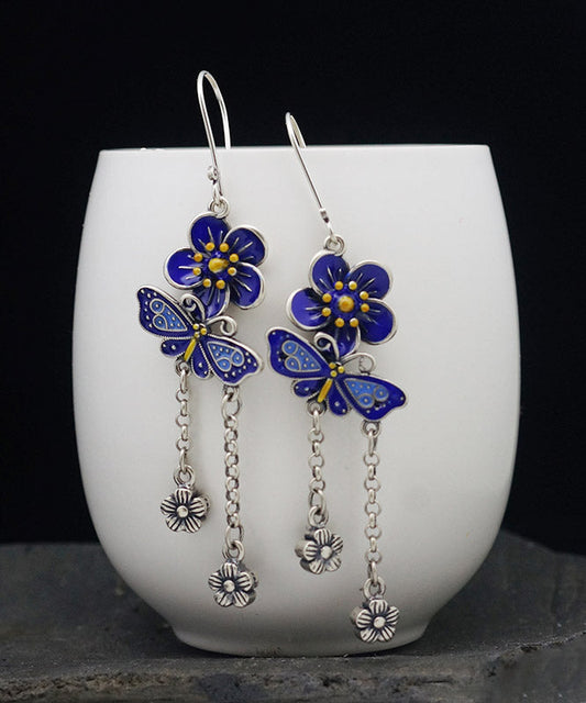 Pendientes colgantes con borlas florales y mariposas de plata de ley azul DIY