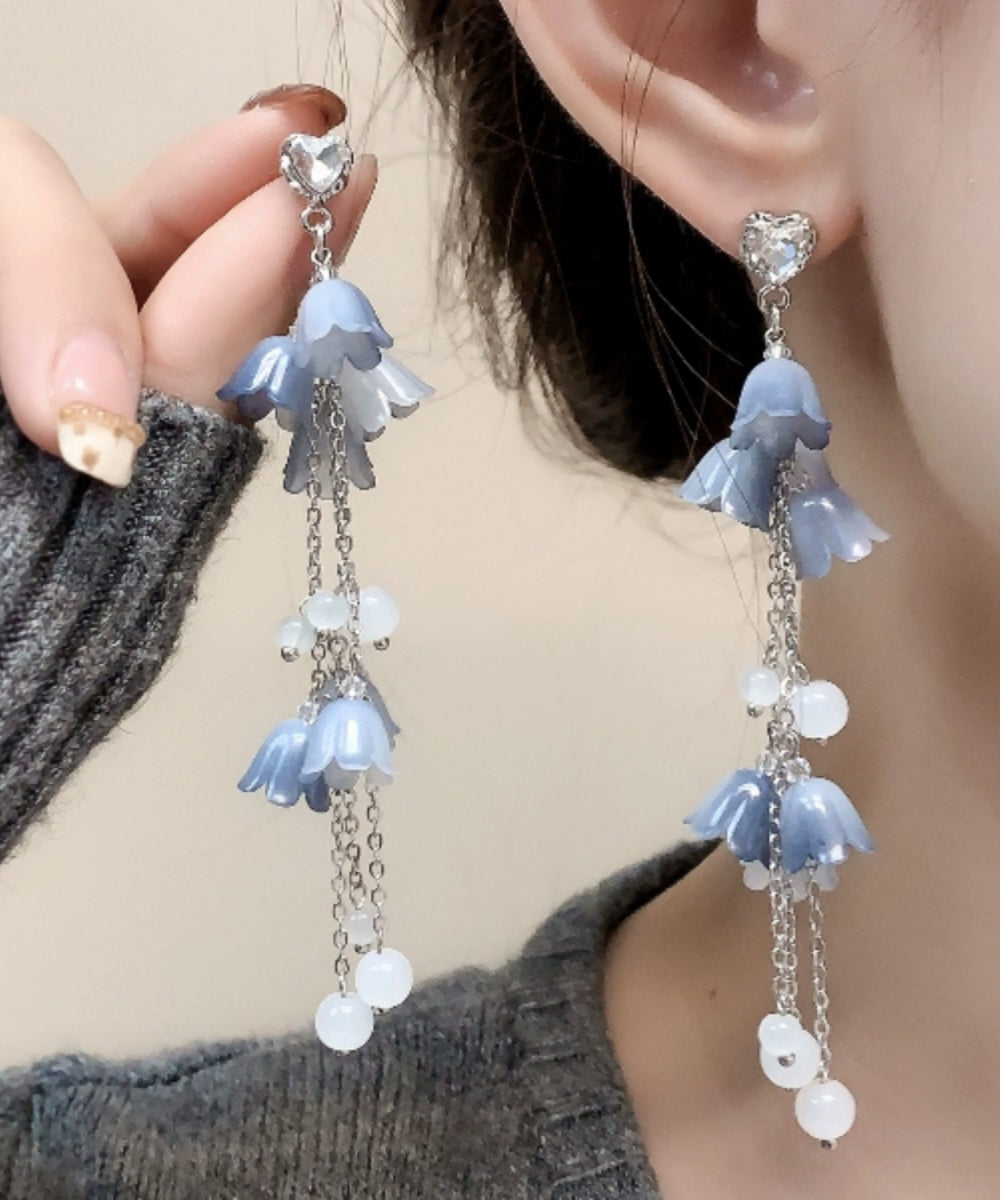 Pendientes colgantes con borlas florales de perlas y circonitas de plata de ley azul DIY
