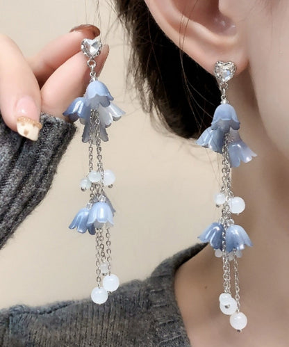 Pendientes colgantes con borlas florales de perlas y circonitas de plata de ley azul DIY