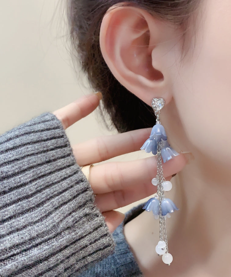 Pendientes colgantes con borlas florales de perlas y circonitas de plata de ley azul DIY