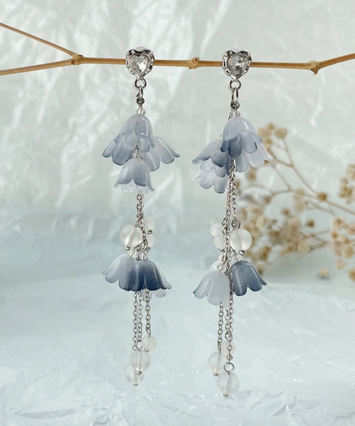 Pendientes colgantes con borlas florales de perlas y circonitas de plata de ley azul DIY