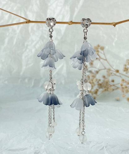 Pendientes colgantes con borlas florales de perlas y circonitas de plata de ley azul DIY