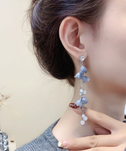 Pendientes colgantes con borlas florales de perlas y circonitas de plata de ley azul DIY