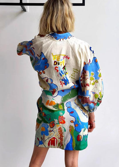 DIY Blue Tie Waist Print Linen Shirt Dress Bracelet Sleeve