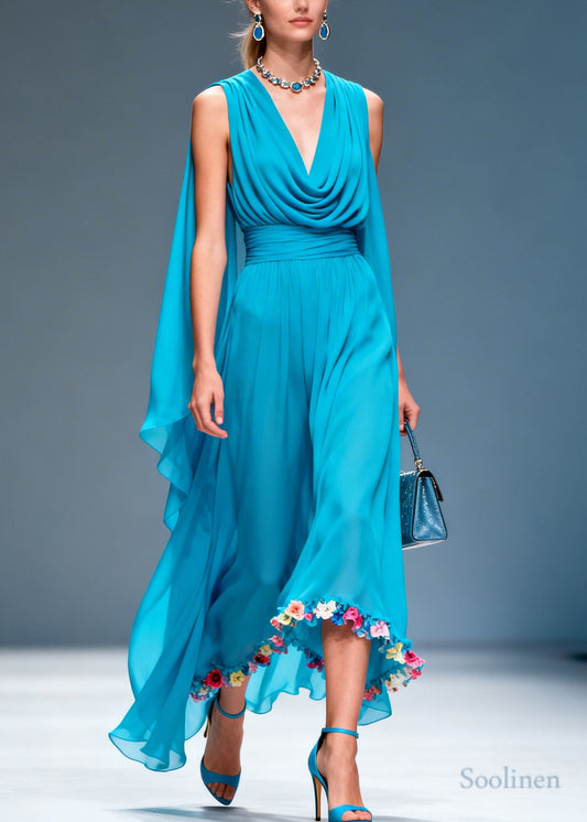 DIY Blue Turtle Neck Patchwork Flower Chiffon Dresses Summer