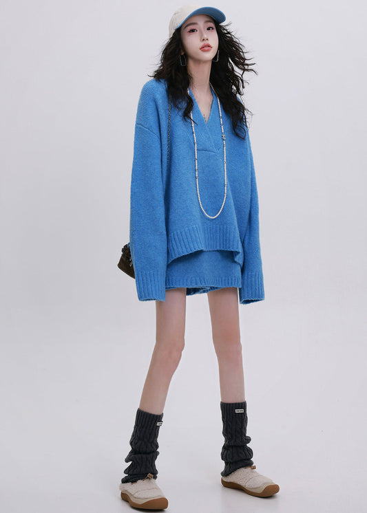 DIY Blue V Neck Asymmetrical Design Knit Two Piece Set Women Clothing Winter
