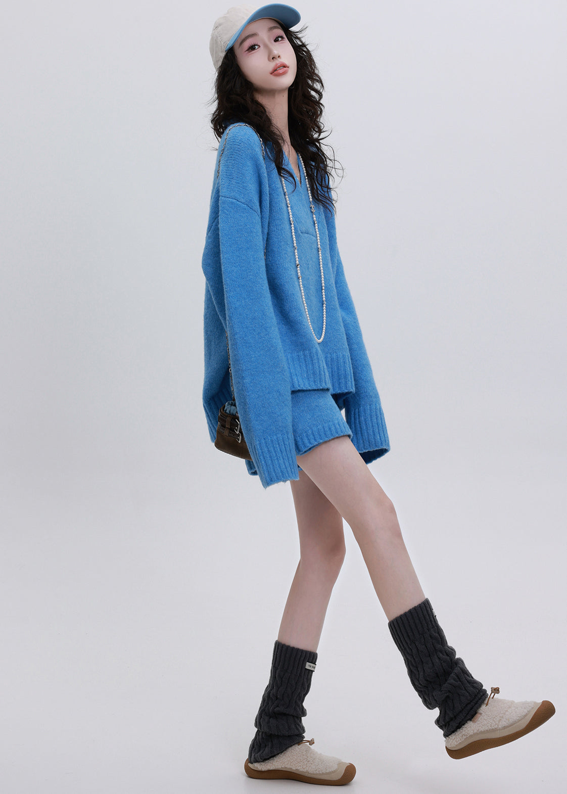 DIY Blue V Neck Asymmetrical Design Knit Two Piece Set Women Clothing Winter