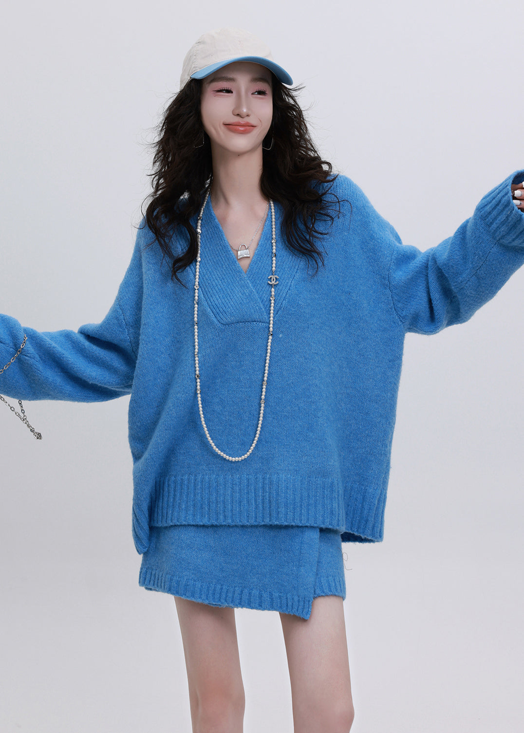 DIY Blue V Neck Asymmetrical Design Knit Two Piece Set Women Clothing Winter