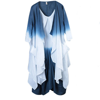 DIY Blau Weiß Retro Lose Farbverlauf farbe Herbst Asymmetrische design 2 Stück Outfit Langarm