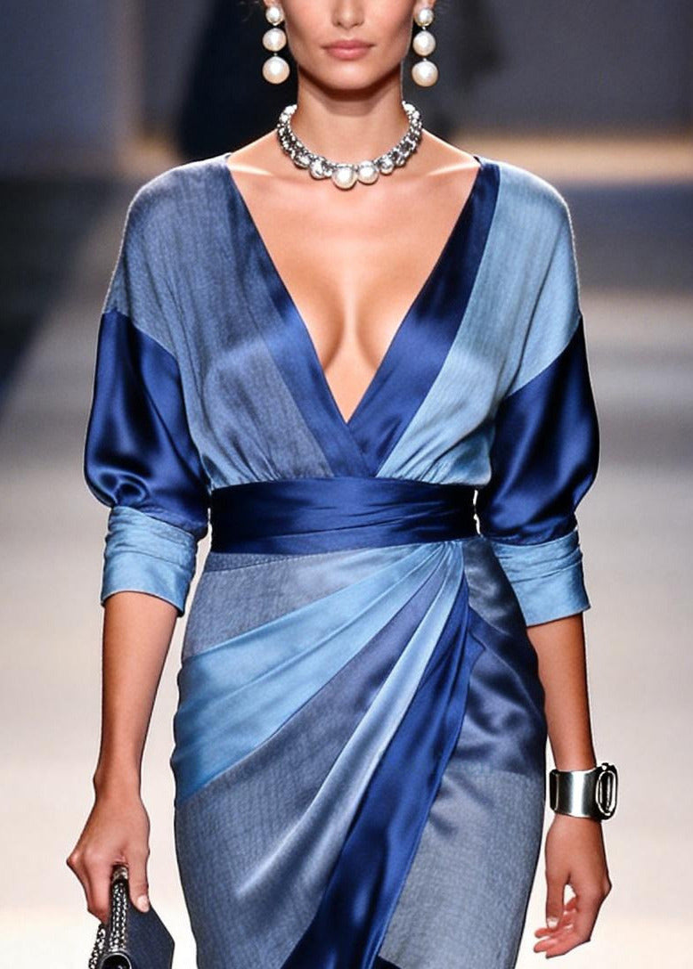 DIY Blue Wraped Patchwork Silk Work Dress Summer