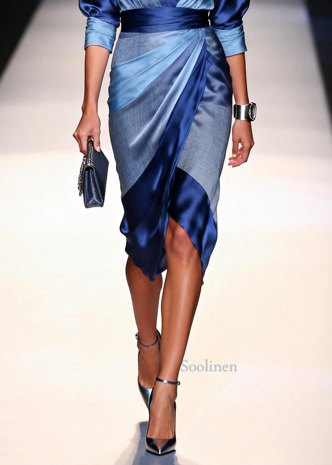 DIY Blue Wraped Patchwork Silk Work Dress Summer