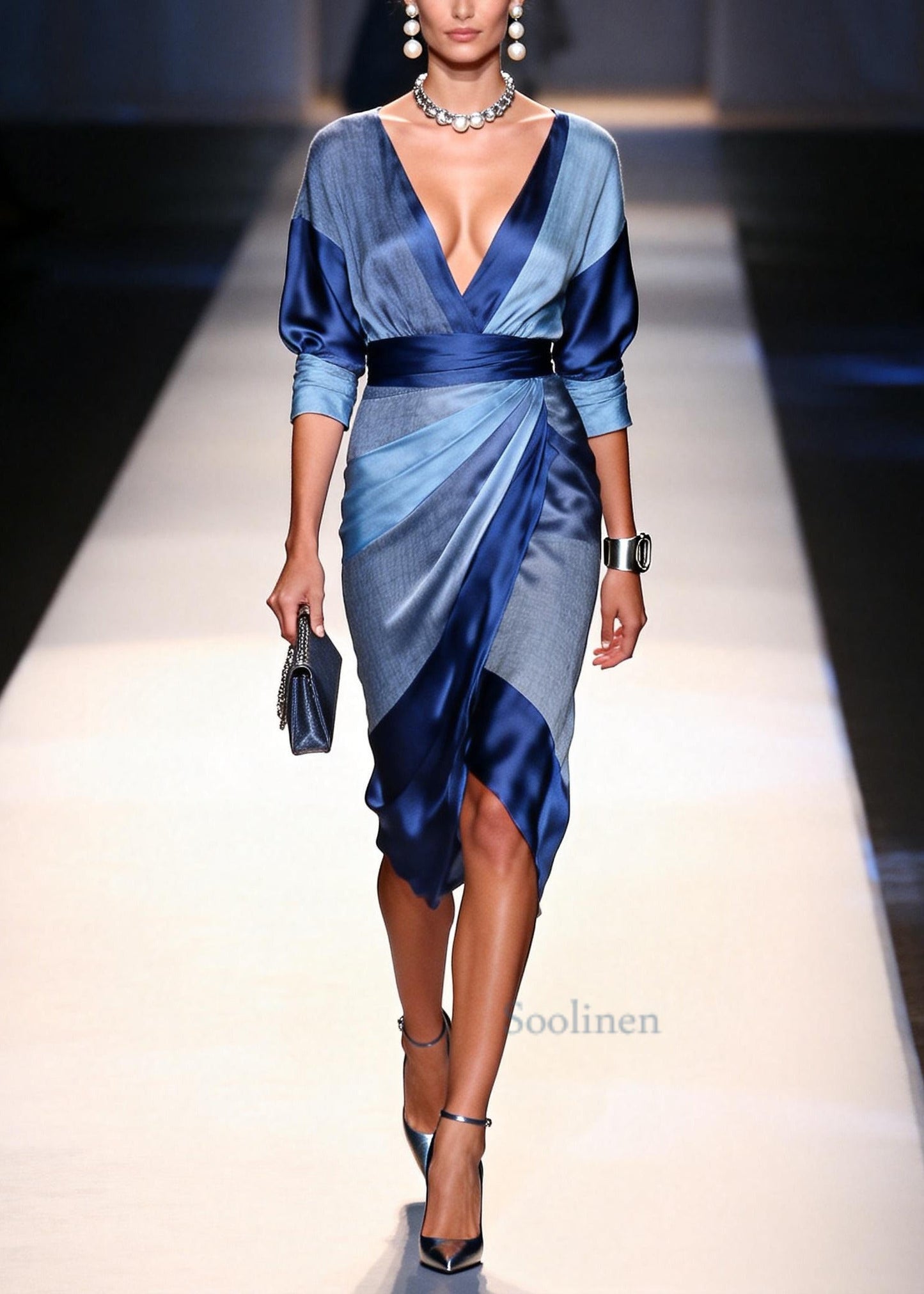 DIY Blue Wraped Patchwork Silk Work Dress Summer