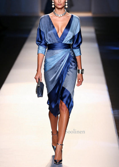 DIY Blue Wraped Patchwork Silk Work Dress Summer