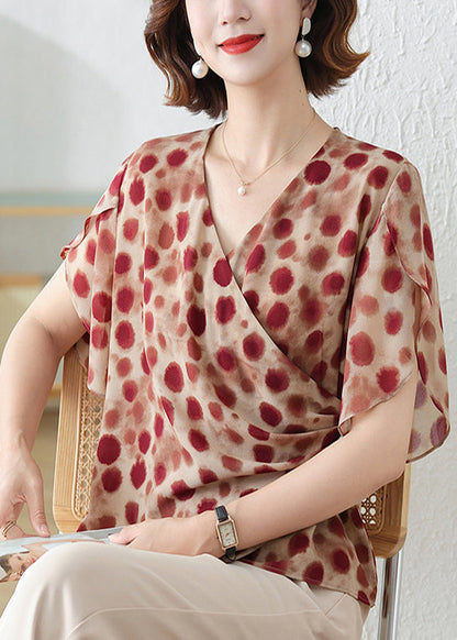 DIY Brick Red Asymmetrical Print Chiffon Shirts Summer