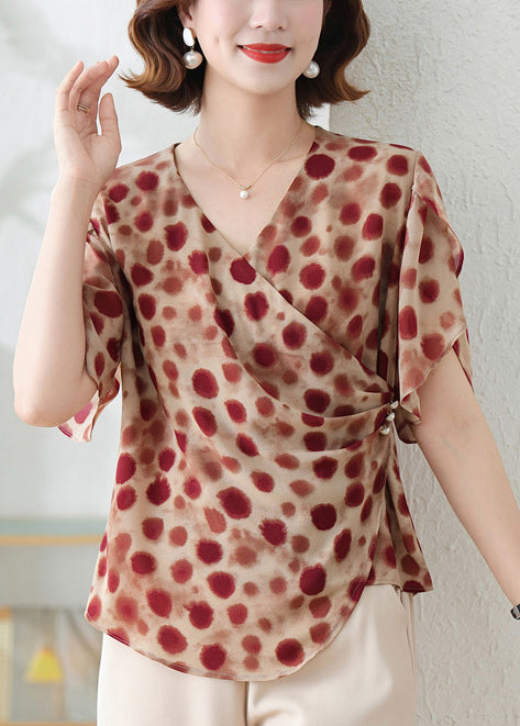 DIY Brick Red Asymmetrical Print Chiffon Shirts Summer