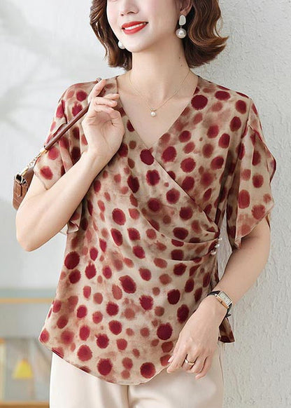 DIY Brick Red Asymmetrical Print Chiffon Shirts Summer