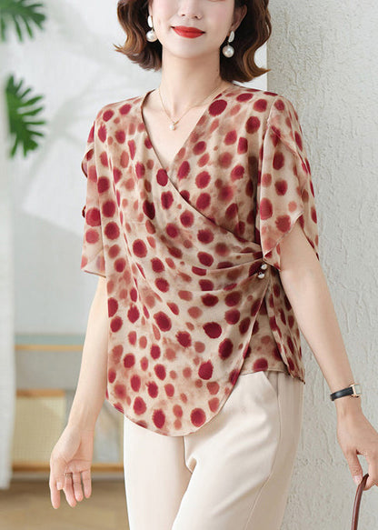 DIY Brick Red Asymmetrical Print Chiffon Shirts Summer