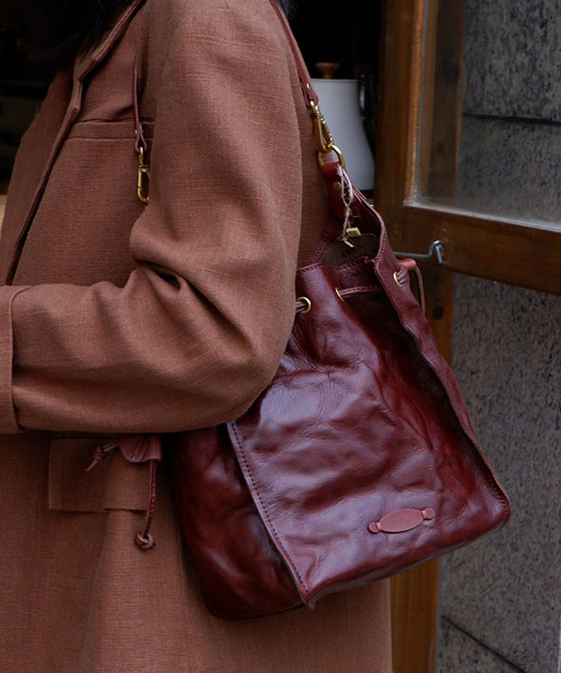 DIY Brown Drawstring Large Capacity Leather Shoulder Bags