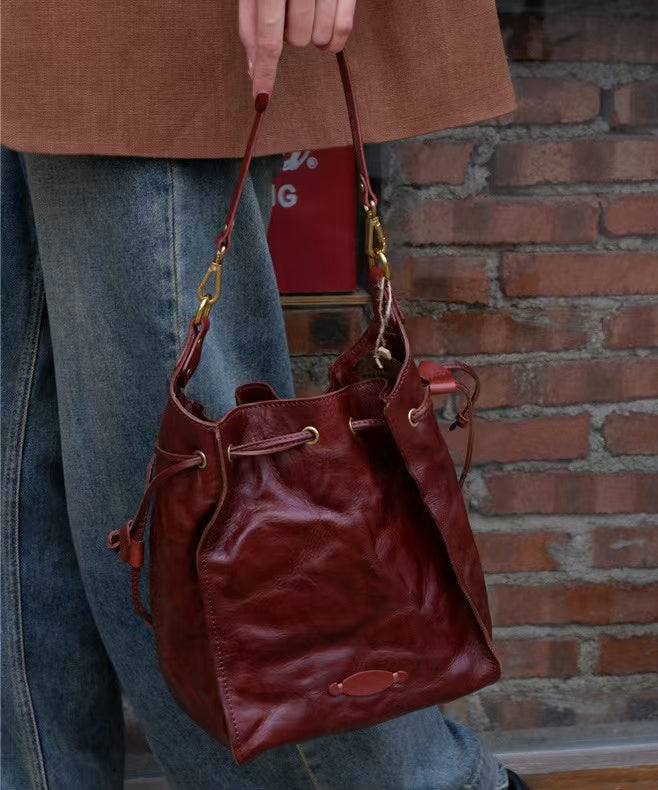 DIY Brown Drawstring Large Capacity Leather Shoulder Bags