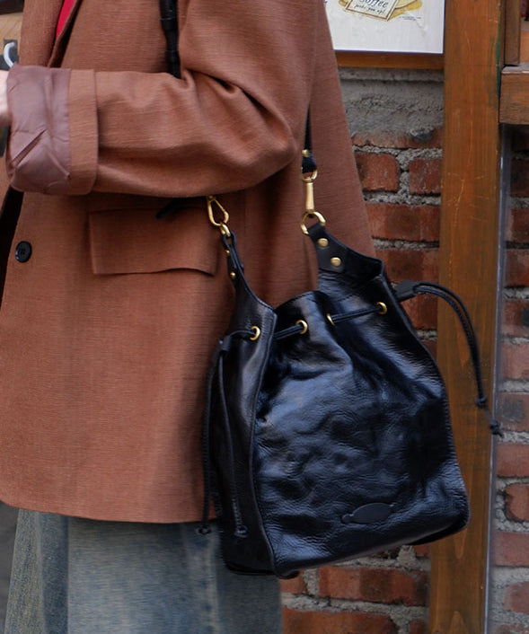 DIY Brown Drawstring Large Capacity Leather Shoulder Bags