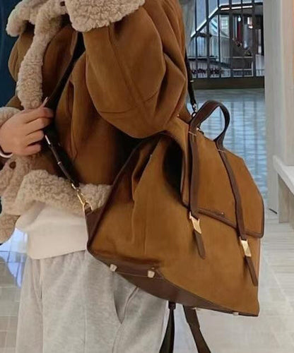 DIY Brown Large Capacity Patchwork Suede Versatile Backpack Bag