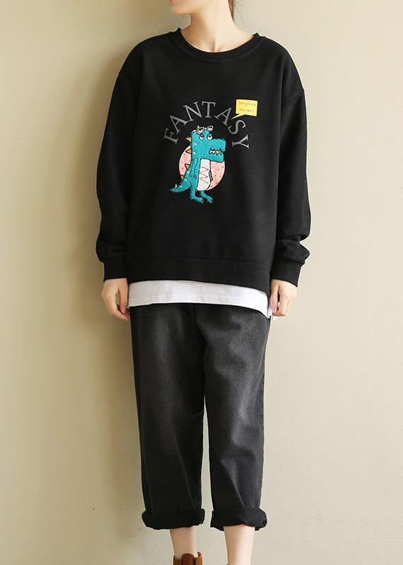 DIY Cartoon print cotton spring tunics for women pattern black blouse - SooLinen