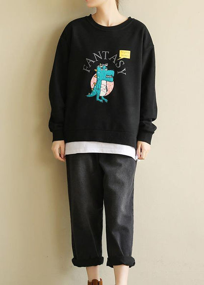 DIY Cartoon print cotton spring tunics for women pattern black blouse - SooLinen