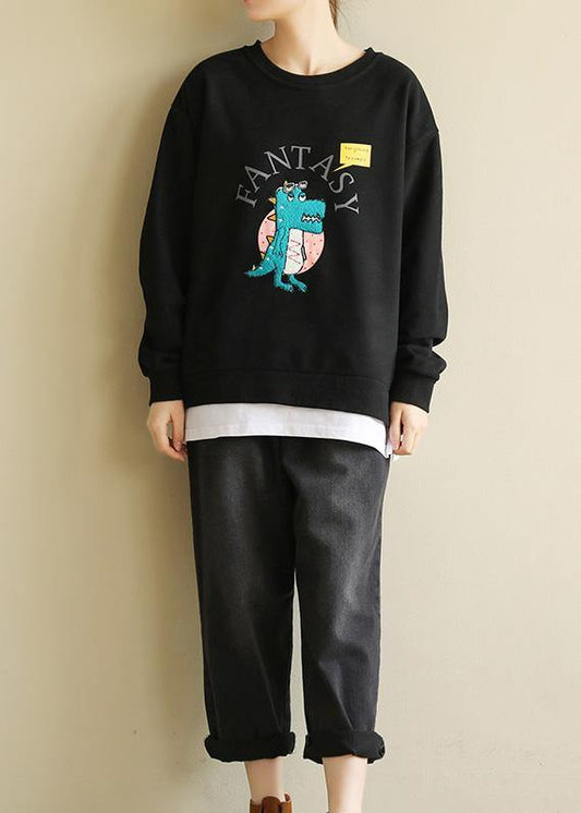 DIY Cartoon print cotton spring tunics for women pattern black blouse - SooLinen