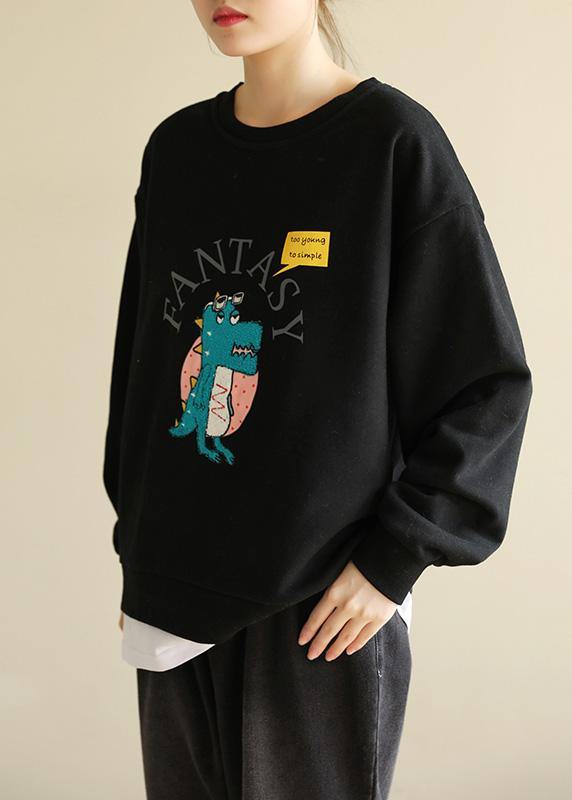 DIY Cartoon print cotton spring tunics for women pattern black blouse - SooLinen