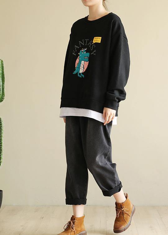 DIY Cartoon print cotton spring tunics for women pattern black blouse - SooLinen