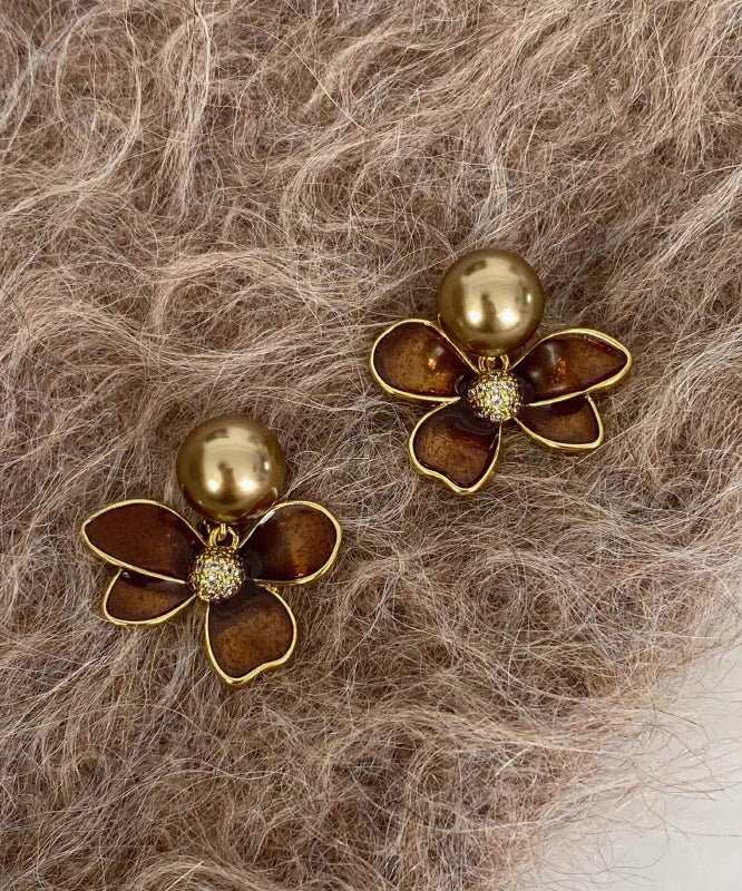 DIY Coffee Alloy Pearl Floral Drip Glaze Stud Earrings