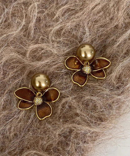 DIY Coffee Alloy Pearl Floral Drip Glaze Stud Earrings