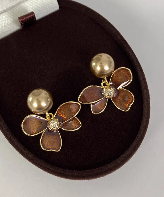 DIY Coffee Alloy Pearl Floral Drip Glaze Stud Earrings