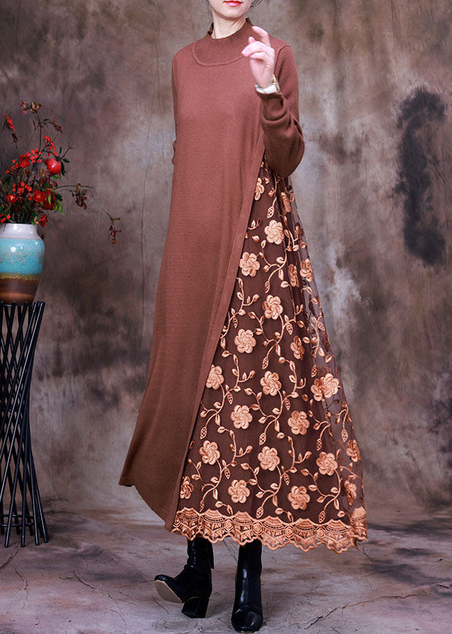 DIY Schokoladenstrick-Patchwork-Spitzen-besticktes Herbstkleid